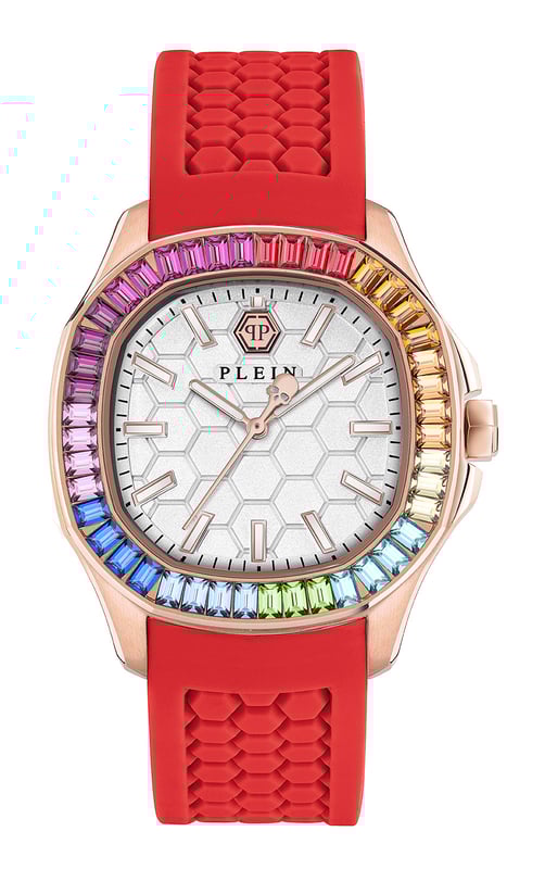 This Philipp Plein The $pectre Analogue Watch for Women is the perfect timepiece to wear or to gift. It's Rose Gold 38 mm Round case combined with the comfortable Red Silicone watch band will ensure you enjoy this stunning timepiece without any compromise. Operated by a high quality Quartz movement and water resistant to 5 bars, your watch will keep ticking. Everything a woman could ever wish for. This Analogue watch has a function: Luminous Hands and Luminous Numbers High quality 19 cm length and 20 mm width Red Silicone strap with a Buckle Case diameter: 38 mm,case thickness: 8.85 mm, case colour: Rose Gold and dial colour: White
