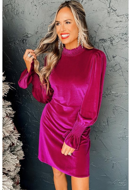 Rose red mini dress
  Smocked mock neck for a chic comfortable hold
  Adorable ruffles on puff sleeves add a touch of feminine charm
  Luxurious velvet material for a rich elegant feel and look
  Playful mini length perfect for a flirty fun style statement
  Modern and classic elements combined
  Please refer to the size chart for accurate sizing information