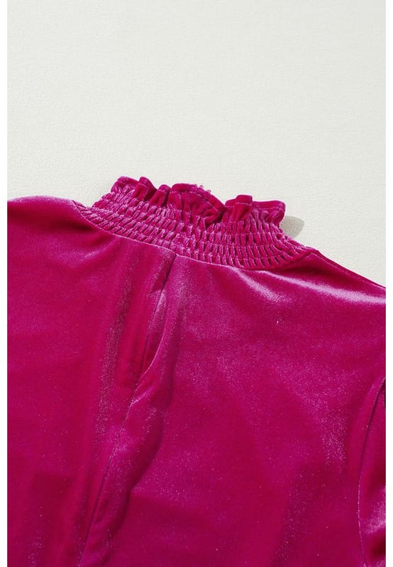 Rose red mini dress
  Smocked mock neck for a chic comfortable hold
  Adorable ruffles on puff sleeves add a touch of feminine charm
  Luxurious velvet material for a rich elegant feel and look
  Playful mini length perfect for a flirty fun style statement
  Modern and classic elements combined
  Please refer to the size chart for accurate sizing information