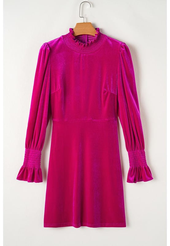 Rose red mini dress
  Smocked mock neck for a chic comfortable hold
  Adorable ruffles on puff sleeves add a touch of feminine charm
  Luxurious velvet material for a rich elegant feel and look
  Playful mini length perfect for a flirty fun style statement
  Modern and classic elements combined
  Please refer to the size chart for accurate sizing information