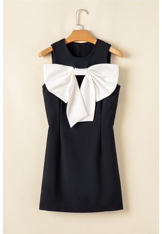 Chic contrast bow knot detail adds a touch of elegance
  Versatile crew neck design suits various occasions effortlessly
  Sleeveless style keeps you cool and stylish in warm weather
  Shift silhouette offers a flattering and comfortable fit
Material: 92% Polyester 8% Elastane
Size on Tag: M