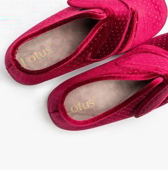Lotus JANET Womens Slippers Bordo Upper Material: FabricLining Material: TextileSole Material: SyntheticClosure/Fastening: Touch FastenFeatures: Memory Foam,ComfortShoe Width: RelaxedItem Weight: 0.45 KGHeel Height: Flat (Under 2.5cm)Slipper Style: Full SlipperProduct Code: ULH090DR0