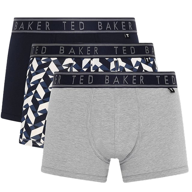 Ted Baker 3-Pack Cotton Trunks Mens Navy/Chevron/Heather GreyClothing Type: UnderwearClosure/Fastening: Pull-OnFeatures: ComfortItem Weight: 0.3 KGClothing Fit: RegularSingle Or Multi Pack?: 3 PackGift Boxed: NoMaterial Composition: 95% Cotton, 5% ElastaneUnderwear Type: TrunksUnderwear Features: Elasticated WaistbandProduct Code: TBB02-FP2-021