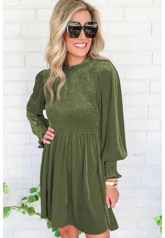 Moss Green Frilled Neck Smocked Bodice Velvet Dress