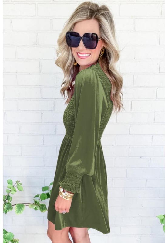 Moss Green Frilled Neck Smocked Bodice Velvet Dress