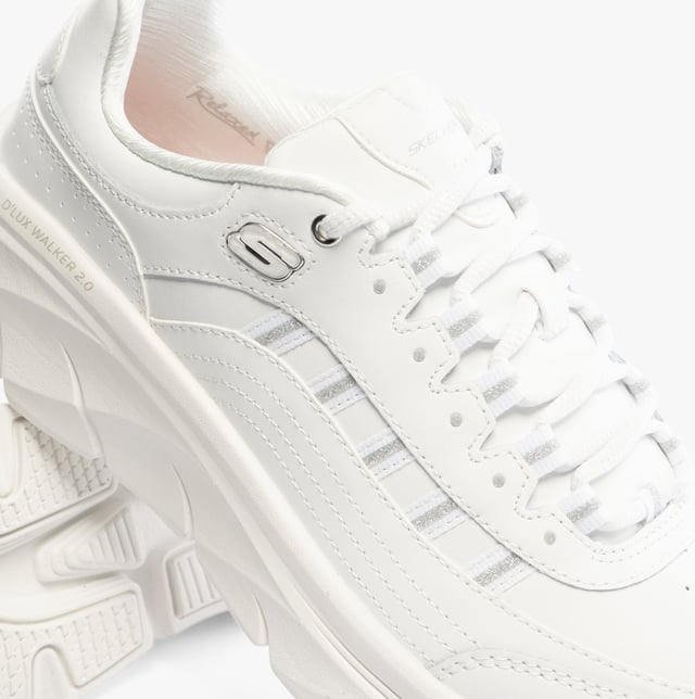 Skechers Skechers 150106/WSL D'LUX WALKER 2.0-GOLDEN STEP Womens Trainers White/Silver Upper Material: LeatherLining Material: TextileSole Material: RubberClosure/Fastening: Lace-UpFeatures: Comfort,Memory FoamToe Shape: RoundShoe Width: RelaxedItem Weight: 0.45 KGHeel Height: Low (2.5-4.9cm)Shoe Shaft Height: Low TopTrainer Style: CasualGift Boxed: NoProduct Code: 150106/WSL