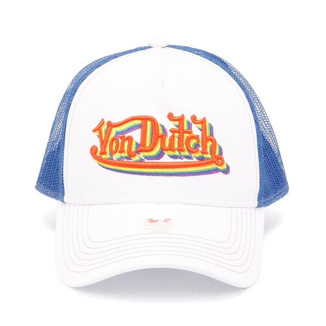 Iconic Trucker Cap featuring a cotton twill crown and peak. The polyester mesh back ensures breathability, while the slightly curved visor adds a touch of flair. With Heritage rainbow design logo prominently displayed on the front.