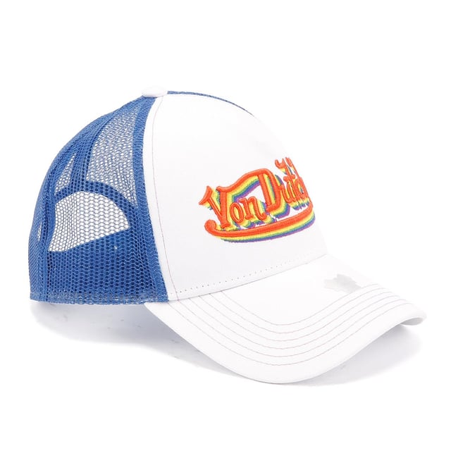 Iconic Trucker Cap featuring a cotton twill crown and peak. The polyester mesh back ensures breathability, while the slightly curved visor adds a touch of flair. With Heritage rainbow design logo prominently displayed on the front.