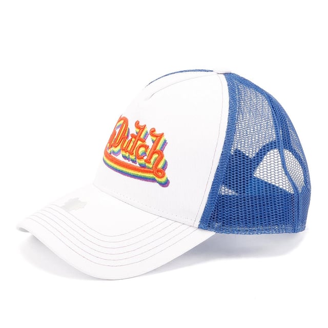 Iconic Trucker Cap featuring a cotton twill crown and peak. The polyester mesh back ensures breathability, while the slightly curved visor adds a touch of flair. With Heritage rainbow design logo prominently displayed on the front.