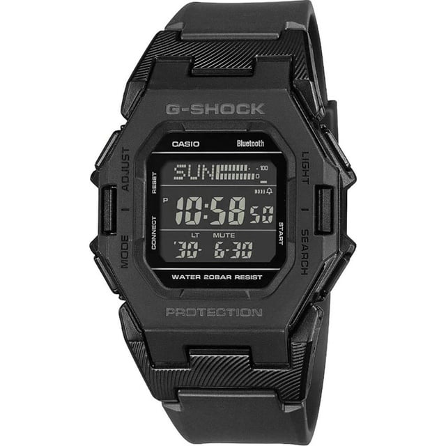 This Casio G-shock Digital Watch for Men is the perfect timepiece to wear or to gift. It's Black  Square case combined with the comfortable Black Plastic watch band will ensure you enjoy this stunning timepiece without any compromise. Operated by a high quality Quartz movement and water resistant to 20 bars, your watch will keep ticking. A compact G-SHOCK in a boldly straight-forward design that moves style into the future.  This Digital watch has a Calendar function: Day-Date as well as Bluetooth , Stop Watch , Countdown , Dual Time and Light High quality 21 cm length and 22 mm width a Black Plastic strap with a Buckle Case measurement: 41 X 41 mm,case thickness: 11 mm, case colour: Black and dial colour: Black