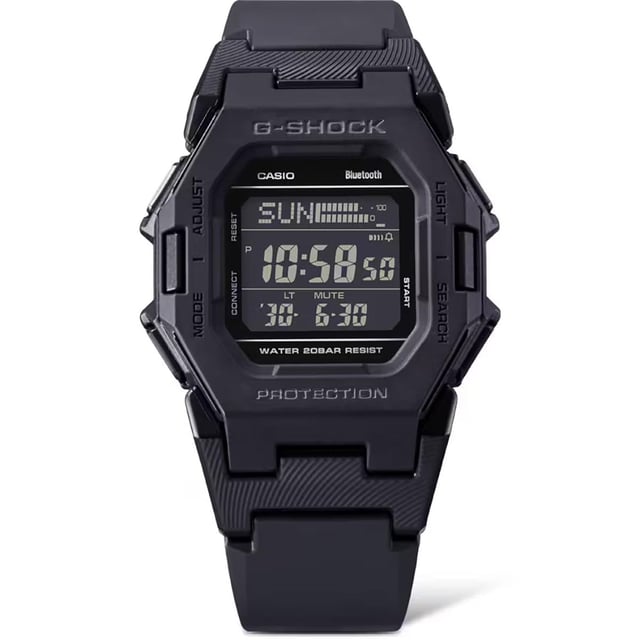 This Casio G-shock Digital Watch for Men is the perfect timepiece to wear or to gift. It's Black  Square case combined with the comfortable Black Plastic watch band will ensure you enjoy this stunning timepiece without any compromise. Operated by a high quality Quartz movement and water resistant to 20 bars, your watch will keep ticking. A compact G-SHOCK in a boldly straight-forward design that moves style into the future.  This Digital watch has a Calendar function: Day-Date as well as Bluetooth , Stop Watch , Countdown , Dual Time and Light High quality 21 cm length and 22 mm width a Black Plastic strap with a Buckle Case measurement: 41 X 41 mm,case thickness: 11 mm, case colour: Black and dial colour: Black