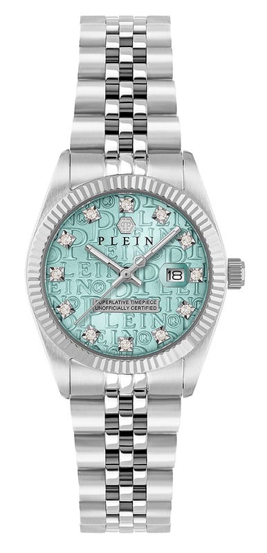 This Philipp Plein Date Superlative Analogue Watch for Women is the perfect timepiece to wear or to gift. It's Silver 28 mm Round case combined with the comfortable Silver Stainless steel watch band will ensure you enjoy this stunning timepiece without any compromise. Operated by a high quality Quartz movement and water resistant to 5 bars, your watch will keep ticking. Philipp Plein slays the SS25 season with the iconic Date Superlative, now transformed into a statement-making pair watch. This Analogue watch has a calendar function: Date as well as Luminous Hands High quality 19 cm length and 16 mm width Silver Stainless steel strap with a Deployment clasp Case diameter: 28 mm,case thickness: 8.4 mm, case colour: Silver and dial colour: Blue