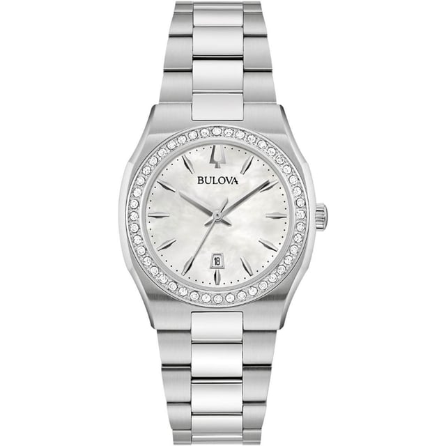 This Bulova Surveyor Analogue Watch for Women is the perfect timepiece to wear or to gift. It's Silver 31 mm Round case combined with the comfortable Silver Stainless steel watch band will ensure you enjoy this stunning timepiece without any compromise. Operated by a high quality Quartz movement and water resistant to 3 bars, your watch will keep ticking. A classic women's watch that will never go out of style from our Surveyor collection, with an added hint of sparkle. This Analogue watch has a Calendar function: Date and has a Stone settings bezel. High quality 19 cm length and 18 mm width Silver Stainless steel strap with a Deployment clasp Case diameter: 31 mm, case thickness: 8 mm, case colour: Silver and dial colour: Mother of pearl