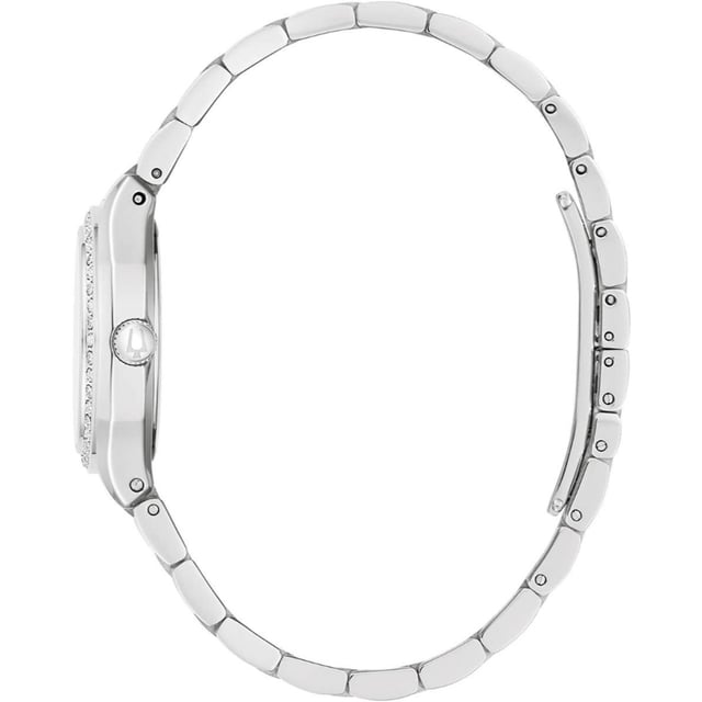 This Bulova Surveyor Analogue Watch for Women is the perfect timepiece to wear or to gift. It's Silver 31 mm Round case combined with the comfortable Silver Stainless steel watch band will ensure you enjoy this stunning timepiece without any compromise. Operated by a high quality Quartz movement and water resistant to 3 bars, your watch will keep ticking. A classic women's watch that will never go out of style from our Surveyor collection, with an added hint of sparkle. This Analogue watch has a Calendar function: Date and has a Stone settings bezel. High quality 19 cm length and 18 mm width Silver Stainless steel strap with a Deployment clasp Case diameter: 31 mm, case thickness: 8 mm, case colour: Silver and dial colour: Mother of pearl
