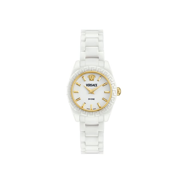 This Versace Dv One Mini Analogue Watch for Women is the perfect timepiece to wear or to gift. It's White 28 mm Round case combined with the comfortable White Ceramic watch band will ensure you enjoy this stunning timepiece without any compromise. Operated by a high quality Quartz movement and water resistant to 3 bars, your watch will keep ticking. Elegant and fashionable watch that is suitable for the daily life of every Women. This Analogue watch has a Swiss Made Movement High quality 19 cm length and 14 mm width White Ceramic strap with a Deployment clasp Case diameter: 28 mm,case thickness: 8 mm, case colour: White and dial colour: White