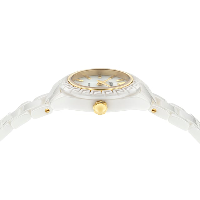 This Versace Dv One Mini Analogue Watch for Women is the perfect timepiece to wear or to gift. It's White 28 mm Round case combined with the comfortable White Ceramic watch band will ensure you enjoy this stunning timepiece without any compromise. Operated by a high quality Quartz movement and water resistant to 3 bars, your watch will keep ticking. Elegant and fashionable watch that is suitable for the daily life of every Women. This Analogue watch has a Swiss Made Movement High quality 19 cm length and 14 mm width White Ceramic strap with a Deployment clasp Case diameter: 28 mm,case thickness: 8 mm, case colour: White and dial colour: White