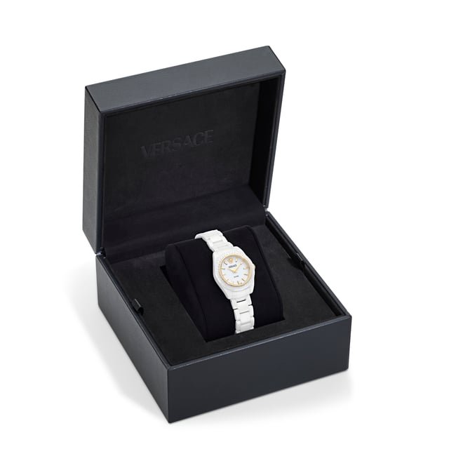 This Versace Dv One Mini Analogue Watch for Women is the perfect timepiece to wear or to gift. It's White 28 mm Round case combined with the comfortable White Ceramic watch band will ensure you enjoy this stunning timepiece without any compromise. Operated by a high quality Quartz movement and water resistant to 3 bars, your watch will keep ticking. Elegant and fashionable watch that is suitable for the daily life of every Women. This Analogue watch has a Swiss Made Movement High quality 19 cm length and 14 mm width White Ceramic strap with a Deployment clasp Case diameter: 28 mm,case thickness: 8 mm, case colour: White and dial colour: White