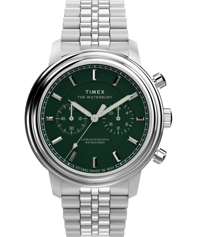 Dit Timex Waterbury Metropolitan Chronograafhorloge voor heren is het perfecte tijdsitem om te dragen of cadeau te geven. De zilveren 41 mm ronde kast in combinatie met de comfortabele zilveren roestvrijstalen horlogeband zorgt ervoor dat je van dit prachtige horloge kunt genieten zonder compromissen. Aangedreven door een hoogwaardige kwartsbeweging en waterbestendig tot 5 bar, blijft je horloge tikken. Gedefinieerd door scherpe lijnen en vloeiende rondingen, beschikt de Waterbury Metropolitan over een verbeterde 41 mm roestvrijstalen kast met een elegante tweelaagse lunette. Dit chronograafhorloge heeft functies zoals een stopwatch, een 24-uursweergave en luminescerende wijzers. Hoogwaardige roestvrijstalen band met een lengte van 21 cm en een breedte van 20 mm met een klapgesp. Kastdiameter: 41 mm, kastdikte: 11 mm, kastkleur: zilver en wijzerplaatkleur: groen.