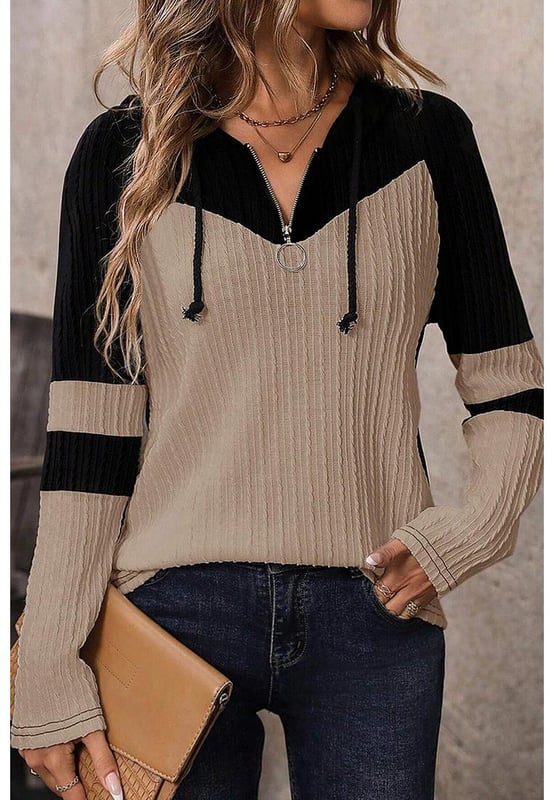 Textured knit adds visual interest and unique feel
  Colorblock design for a striking contrast and modern aesthetic
  Quarter zip for adjustable ventilation and customizable fit
  Drawstring hood for added warmth and sporty touch
Material: 95% Polyester 5% Elastane