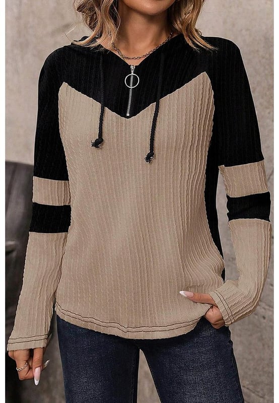 Textured knit adds visual interest and unique feel
  Colorblock design for a striking contrast and modern aesthetic
  Quarter zip for adjustable ventilation and customizable fit
  Drawstring hood for added warmth and sporty touch
Material: 95% Polyester 5% Elastane