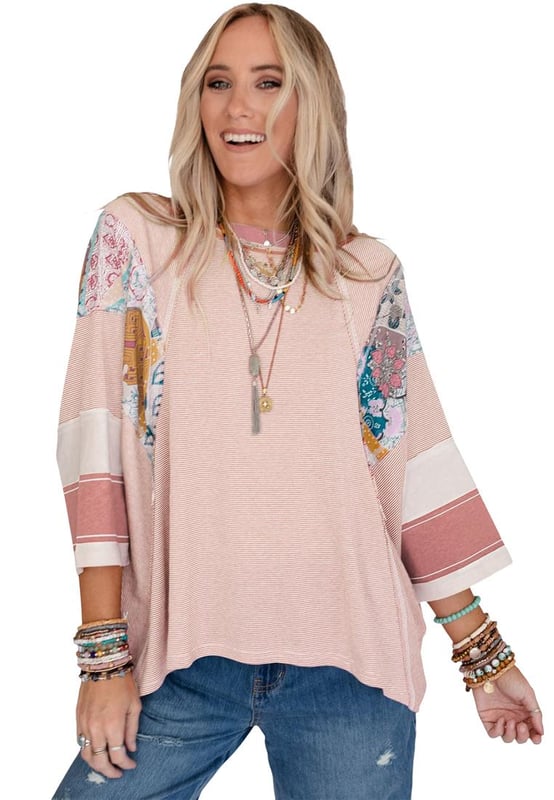 Unisex oversized top
  Pink printed pinstriped fabric
  Color block patchwork design
  Unique and trendy
Material: 95% Polyester 5% Elastane