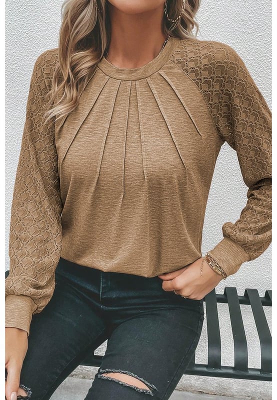 Unisex Light French Beige Top
  Raglan Sleeves with Contrast Lace Detailing
  Plicate Round Neck
  Flattering Fit
  High
  Quality Materials
