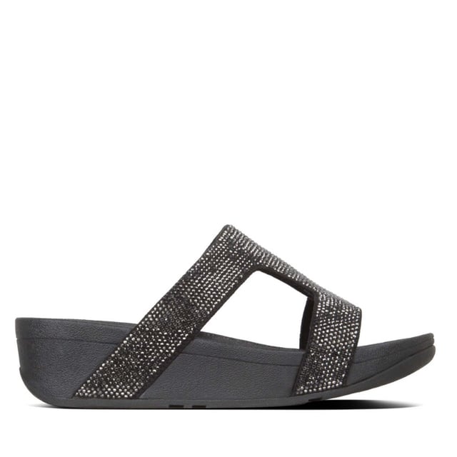 Dames Fit Flop Marli Sliders in Zwart Gemaakt van zachte stof versierd met glinsterende microkristallen in een flatterend H-bar ontwerpSlip on silhouetteMicrowoobbleboard tussenzoolKleur: BruinBovenstuk: MicrofiberVoering: MicrovezelZool: Slipvast Rubber