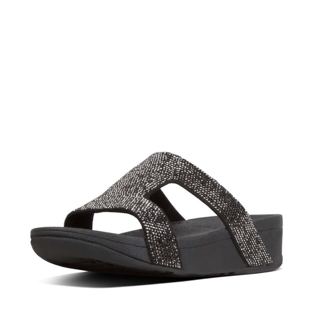 Dames Fit Flop Marli Sliders in Zwart Gemaakt van zachte stof versierd met glinsterende microkristallen in een flatterend H-bar ontwerpSlip on silhouetteMicrowoobbleboard tussenzoolKleur: BruinBovenstuk: MicrofiberVoering: MicrovezelZool: Slipvast Rubber
