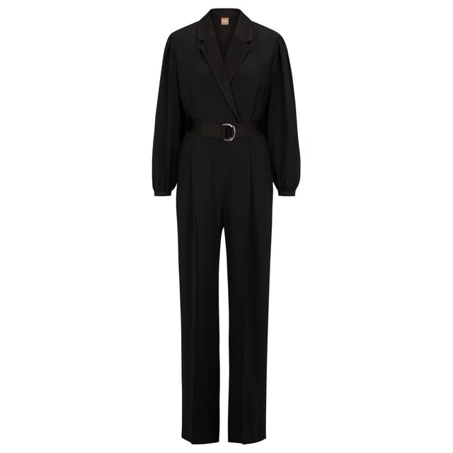Womens BOSS Duxea Jumpsuit in black.- Notch lapel collar.- Long sleeves.- Belt included.- French pockets.- Wide leg.- Tailored cut.- 72% Acetate  28% Viscose.  Pocket lining: 100% Cotton.  Dry clean.- Ref: 50482873001