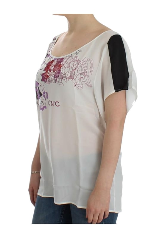 Brand new with tags
  V
  neck t
  shirt blouse
  White color with multicolor motive print
  Logo details
  Made in Italy
  Material: 100% Polyester
  Original tags and store bag included