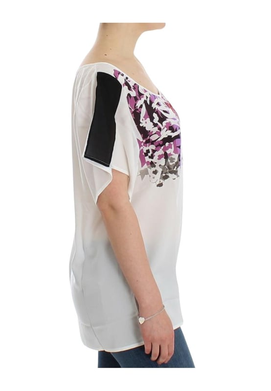 Brand new with tags
  V
  neck t
  shirt blouse
  White color with multicolor motive print
  Logo details
  Made in Italy
  Material: 100% Polyester
  Original tags and store bag included