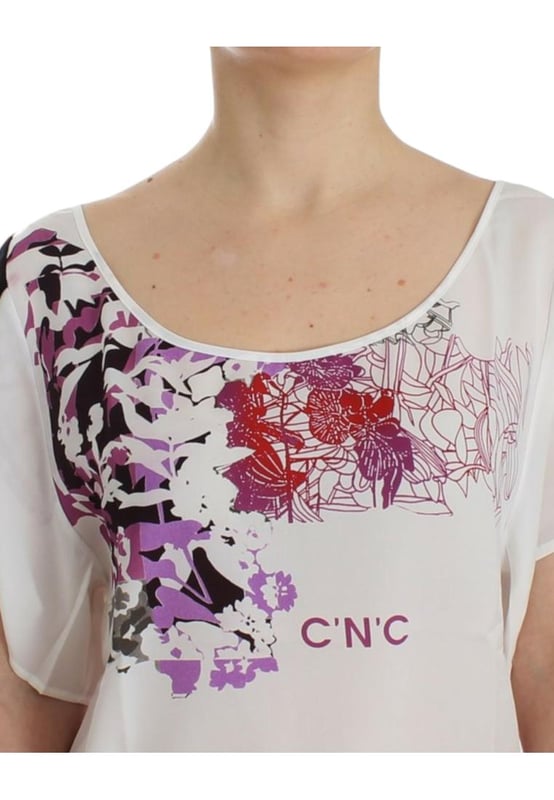 Brand new with tags
  V
  neck t
  shirt blouse
  White color with multicolor motive print
  Logo details
  Made in Italy
  Material: 100% Polyester
  Original tags and store bag included