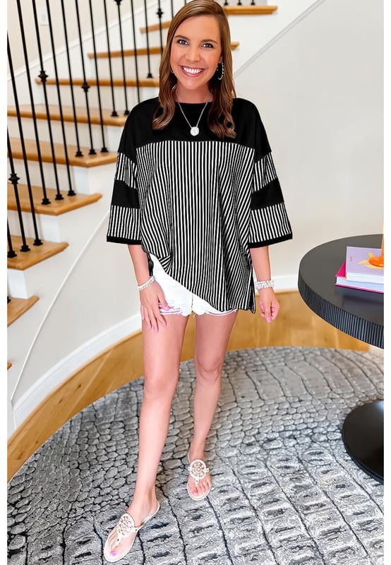 Black and white striped patchwork design
  Loose t
  shirt fit
  Timeless striped pattern
  Versatile 3/4 sleeves
  Perfect for transitional seasons
  Available in plus sizes
  Check size chart for the perfect fit
Material: 95% Cotton 5% Elastane