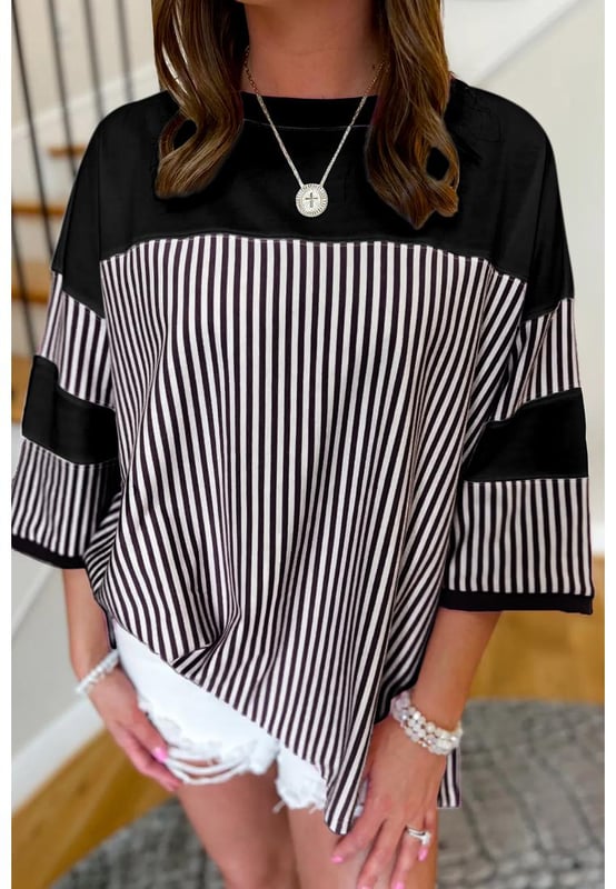 Black and white striped patchwork design
  Loose t
  shirt fit
  Timeless striped pattern
  Versatile 3/4 sleeves
  Perfect for transitional seasons
  Available in plus sizes
  Check size chart for the perfect fit
Material: 95% Cotton 5% Elastane