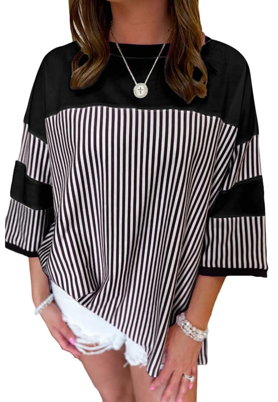 Black and white striped patchwork design
  Loose t
  shirt fit
  Timeless striped pattern
  Versatile 3/4 sleeves
  Perfect for transitional seasons
  Available in plus sizes
  Check size chart for the perfect fit
Material: 95% Cotton 5% Elastane