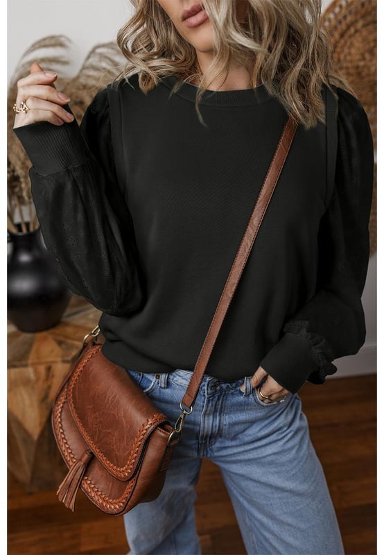 Eyelet embroidered sleeves for an elegant touch
  Unique patchwork design for a trendy look
  Round neck for a classic and versatile style
  Textured detailing for a stylish and modern appeal
  Available in sizes S
  2XL with medium
  high elasticity
Material: 65% Polyester 35% Cotton