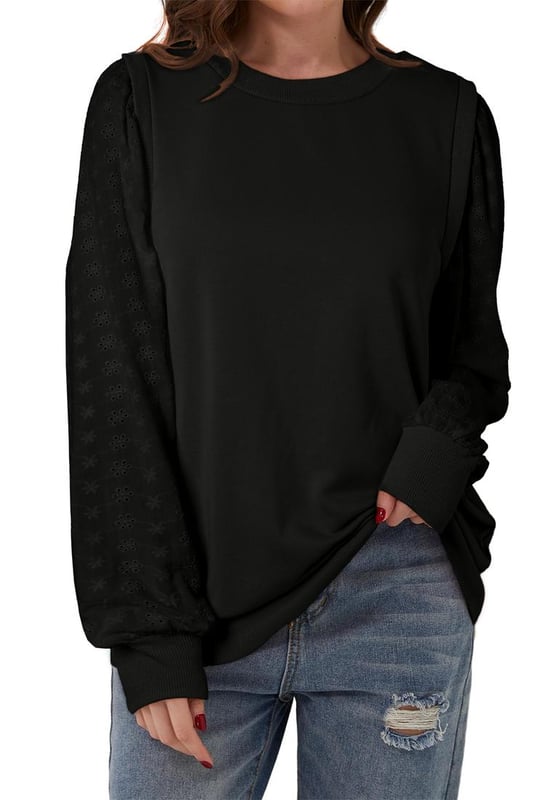 Eyelet embroidered sleeves for an elegant touch
  Unique patchwork design for a trendy look
  Round neck for a classic and versatile style
  Textured detailing for a stylish and modern appeal
  Available in sizes S
  2XL with medium
  high elasticity
Material: 65% Polyester 35% Cotton