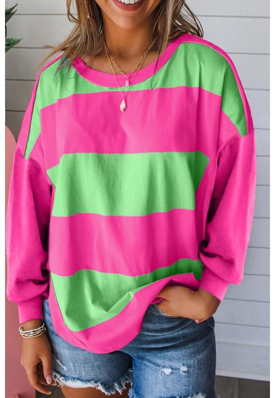 Light green colorblock striped drop shoulder loose top
  Crew neck
  Colorblock design
  Trendy drop shoulder
  Striped pattern
  Unisex
  Available in sizes S M L and XL
  Bust range: 44.9 inches
  52.8 inches
  Hem width range: 44.5 inches
  52.4 inches
  Shoulder range: 23.2 inches
  27.2 inches
  Sleeve length range: 18.3 inches
  Length range: 24.0 inches
  26.4 inches
  Medium
  high elasticity
Material: 95% Polyester 5% Elastane