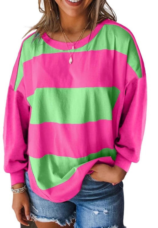 Light green colorblock striped drop shoulder loose top
  Crew neck
  Colorblock design
  Trendy drop shoulder
  Striped pattern
  Unisex
  Available in sizes S M L and XL
  Bust range: 44.9 inches
  52.8 inches
  Hem width range: 44.5 inches
  52.4 inches
  Shoulder range: 23.2 inches
  27.2 inches
  Sleeve length range: 18.3 inches
  Length range: 24.0 inches
  26.4 inches
  Medium
  high elasticity
Material: 95% Polyester 5% Elastane