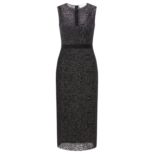 Damesjurk Boss Delyra. Midi-jurk in zwart met metallic kanten ontwerp, grosgrain lint in de taille, geplooide rok en slipdress voering. Deze mouwloze jurk is gemaakt van tule met een dierenprint in gemetalliseerde vezels voor een subtiele glinstering. Een binnenslip met verstelbare bandjes ligt eronder, terwijl een glinsterende riem een flatterend effect creëert in de taille.- Mouwloos.- Ronde hals.- Middenachter met rits. Materiaal: 98% polyester, 2% metaal. Ref: 50464048960.