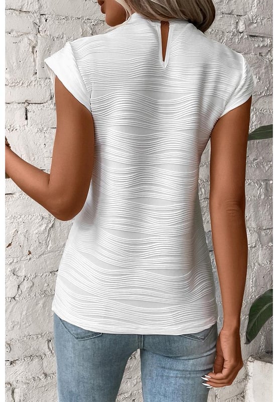White wavy textured top
  Mock neck
  Cap sleeves
  Flattering silhouette
  Unique fabric texture adds depth and dimension
  Unisex design allows for versatile styling options
  High
  quality materials ensure comfort and durability