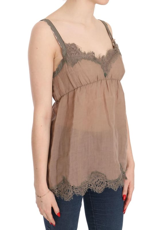 Brand: PINK MEMORIES
  Color: Brown Lace
  Model: Spaghetti Strap Plunging Top Blouse
  Material: 100% Linen
  Logo details
  Gender: Women