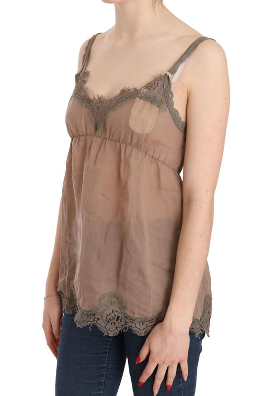 Brand: PINK MEMORIES
  Color: Brown Lace
  Model: Spaghetti Strap Plunging Top Blouse
  Material: 100% Linen
  Logo details
  Gender: Women