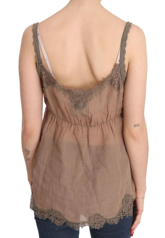 Brand: PINK MEMORIES
  Color: Brown Lace
  Model: Spaghetti Strap Plunging Top Blouse
  Material: 100% Linen
  Logo details
  Gender: Women