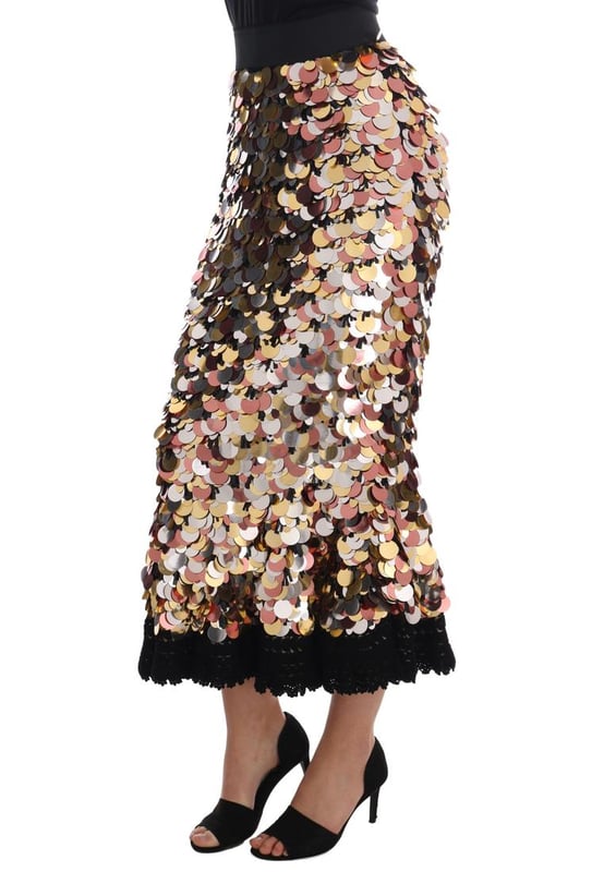 Marca: Dolce & Gabbana.
  Estilo: Cintura alta peplum lapiz recto.
  Color: Negro con lentejuelas plateadas bronce y doradas.
  Cierre: Cremallera.
  Cintura: Elastica.
  Forro: Algodon negro elastico.
  Detalles: Logotipo.
  Origen: Made in Italy.
  Artesan.