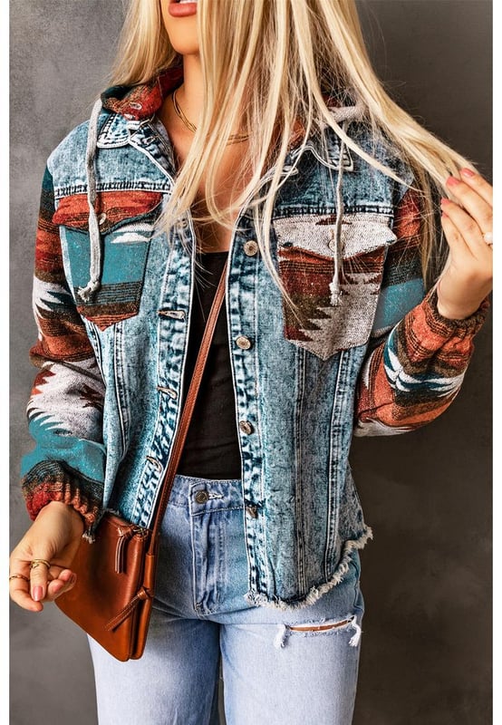 Womens multicolor Aztec print denim jacket
  Frayed hem adds a trendy touch
  Versatile and stylish addition to any wardrobe
  Unique Aztec print design in multiple colors
  High
  quality craftsmanship and attention to detail
Material: 75% Cotton 25% Polyester
