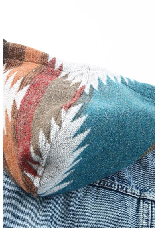 Womens multicolor Aztec print denim jacket
  Frayed hem adds a trendy touch
  Versatile and stylish addition to any wardrobe
  Unique Aztec print design in multiple colors
  High
  quality craftsmanship and attention to detail
Material: 75% Cotton 25% Polyester