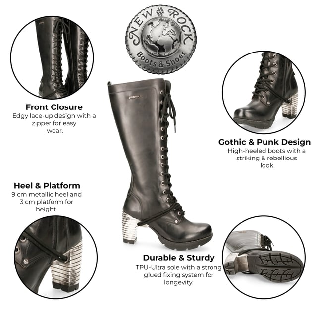 Las botas altas New Rock M-TR005-S1 de la Colección Trail combinan elegancia gótica con un toque urbano. Confeccionadas en piel de vacuno negra de primera calidad con interior de piel de cerdo, garantizan durabilidad y comodidad. Con un distintivo tacón metálico de 9 cm y una plataforma de 3 cm, estas botas crean un look atrevido y sofisticado. Su exclusivo diseño de cordones, combinado con una práctica cremallera lateral, ofrece estilo y facilidad de uso, convirtiéndolas en una prenda imprescindible para el punk, el gótico y la moda urbana más intensa. Características principales: Material: Exterior: Piel de vacuno | Interior: Piel de cerdo | Altura del tacón: 9 cm | Altura de la plataforma: 3 cm | Material de la suela: TPU | Sistema de fijación: Pegado | Cierre: Cordones (cordón) y cremallera lateral | Altura de la caña: 35 cm | Ancho de la pantorrilla: 38 cm | Estilo: Gótico, Urbano Intenso, Punk | Diseño para mujer: Vanguardista, vanguardista y versátil.