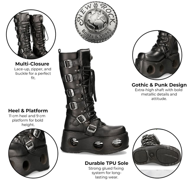 New Rock M-272-S2 Neptuno Metallic Knee High Black Leather Gothic Boots The New Rock M-272-S2 Neptuno boots from the Metallic Collection redefine gothic and punk-rock style with their towering design. Crafted from premium black cow leather with a pigskin interior, they offer durability and comfort. The extra-high 38 cm shaft, bold buckles, and signature logo on the tongue add to their fierce aesthetic. Featuring an impressive 11 cm platform heel with distinctive cutouts, these boots are a statement piece for those who embrace alternative fashion.
Key Features:
Material: Outer - Cow Leather | Inner - Pigskin
Heel Height: 11 cm | Platform Height: 9 cm
Sole Material: TPU | Fixing System: Glued
Fastening: Laces & Buckles
Shaft Height: 38 cm
Style: Gothic, Heavy, Punk, Rock
Unisex Design: Suitable for all gernders
Distinctive Details: Buckled shaft, perforated platform, logo on tongue