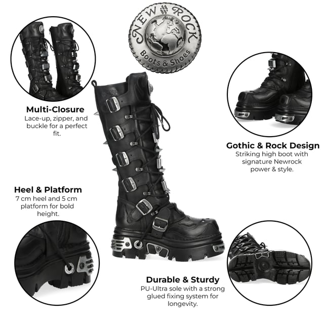 Botas góticas con púas de cuero negro hasta la rodilla M-161-C10 de New Rock Las botas altas New Rock M-161-C10 de la Colección Metallic combinan estética gótica, punk y motera con una gran durabilidad. Confeccionadas en piel de vacuno negra de primera calidad con interior de piel de cerdo, estas botas ofrecen comodidad y un look atrevido y rebelde. Con un robusto tacón de 7 cm y una plataforma de 5 cm, ofrecen una postura elevada con un estilo inigualable. El cierre de cordones, hebilla y cremallera lateral garantiza un ajuste seguro, lo que las convierte en la opción perfecta para quienes apuestan por la moda alternativa. Características principales: Material: Exterior: Piel de vacuno | Interior: Piel de cerdo | Altura del tacón: 7 cm | Altura de la plataforma: 5 cm | Material de la suela: Caucho natural | Sistema de fijación: Pegado | Cierre: Cordones (cordón), cremallera lateral, hebillas | Altura de la caña: 38 cm | Estilo: Gótico, Heavy, Motero, Punk, Rock | Diseño unisex: Apto para todos los géneros